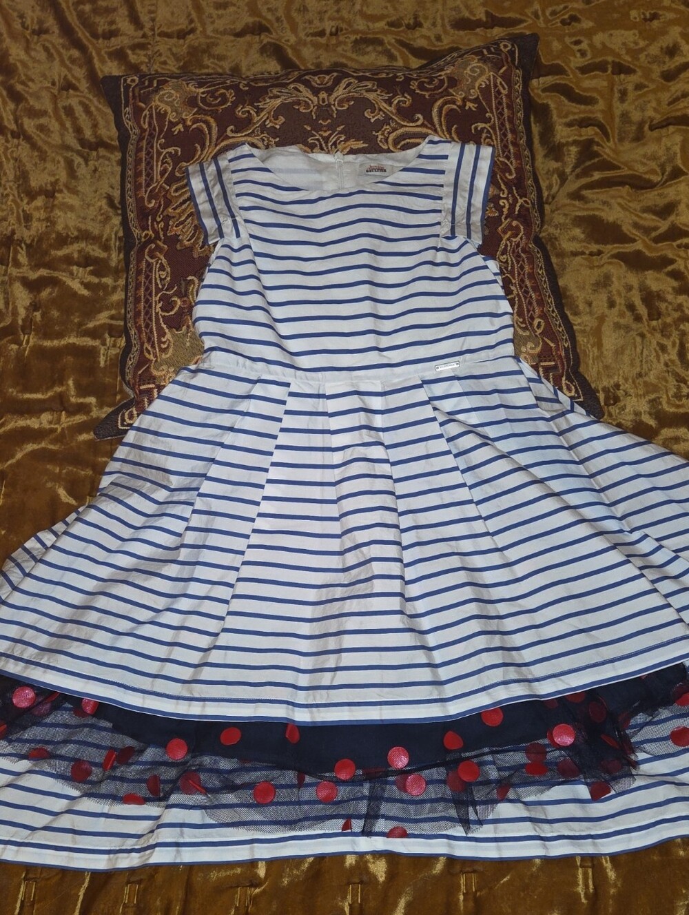 Junior Gaultier White and Blue Striped Twirl Dress with Tulle and Red Dots
